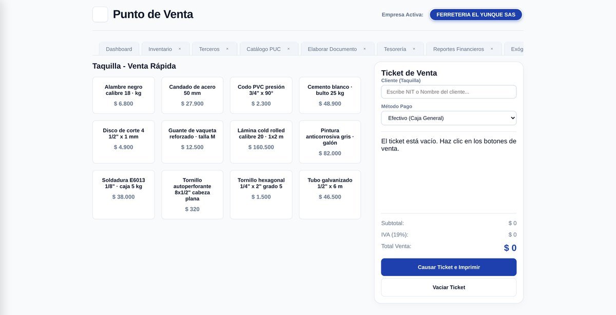 El punto de venta de Contafir, con botones de los productos de la ferretería: tornillos, lámina, soldadura, y el ticket de venta a la derecha.